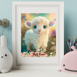 Cute Whimsical Colourful Lamb Flowers Nursery Poster