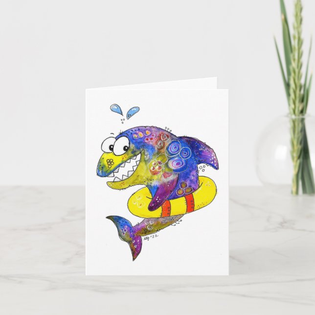 Cute Whimsical Colourful Shark in Float Card (Front)