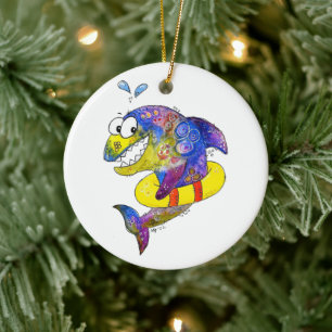 Cute Whimsical Colourful Shark in Float Ceramic Tree Decoration