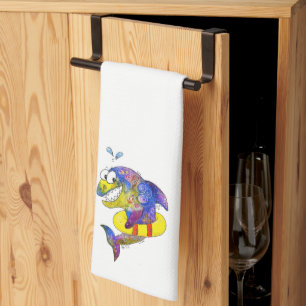 Cute Whimsical Colourful Shark in Float Tea Towel