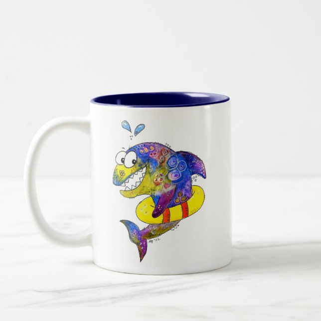 Cute Whimsical Colourful Shark in Float Two-Tone Coffee Mug (Left)
