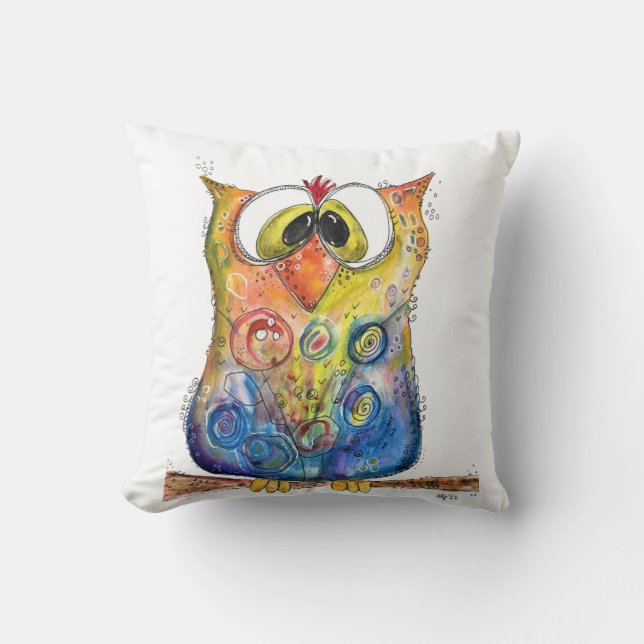 Cute Whimsical Confused Owl Cushion (Front)