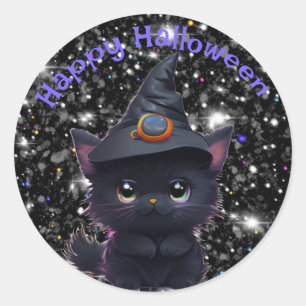 Cute whimsical cosmic Halloween cat Classic Round Sticker