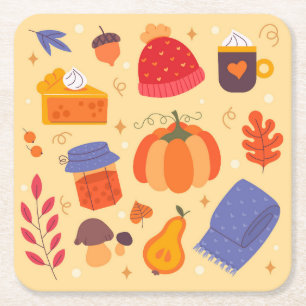 Cute Whimsical Cosy Fall Season Square Paper Coaster