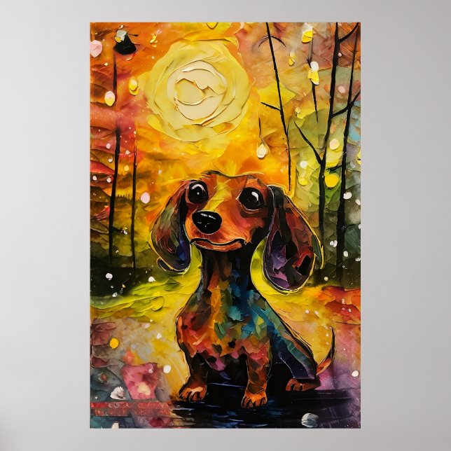 Cute Whimsical Dachshund Puppy in Forest Poster (Front)