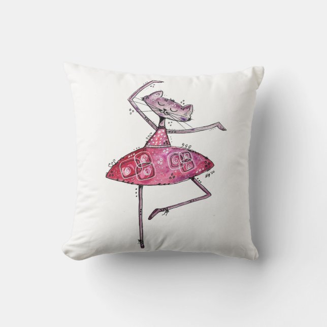 Cute Whimsical Dancing Cat Throw Pillow (Front)