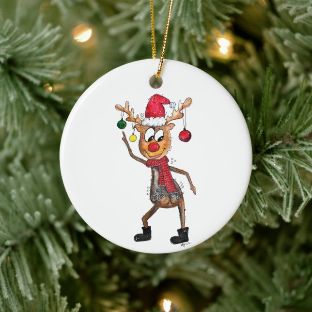 Cute Whimsical Dancing Christmas Deer Ceramic Tree Decoration (Tree)