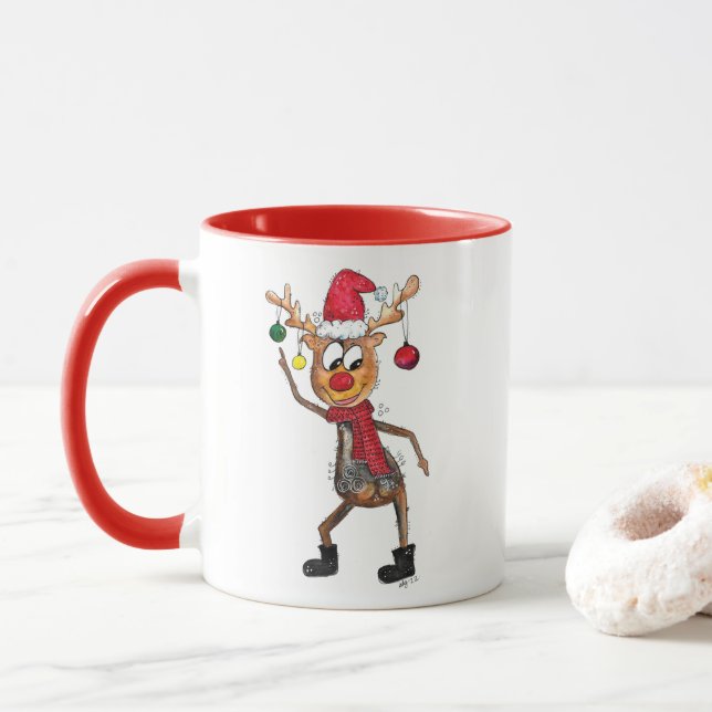 Cute Whimsical Dancing Christmas Deer Mug (With Donut)