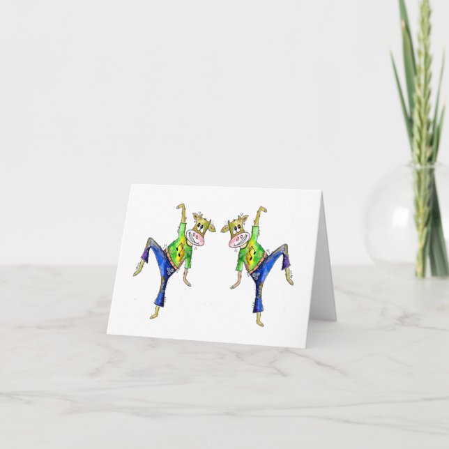 Cute Whimsical Dancing Cow Card (Front)