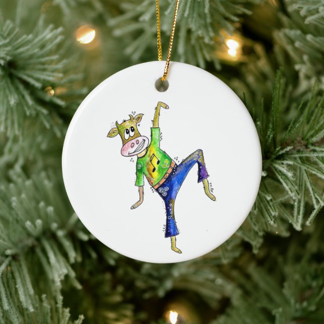 Cute Whimsical Dancing Cow Ceramic Tree Decoration (Tree)