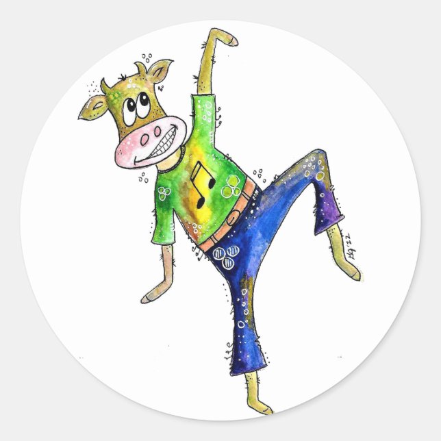 Cute Whimsical Dancing Cow Classic Round Sticker (Front)