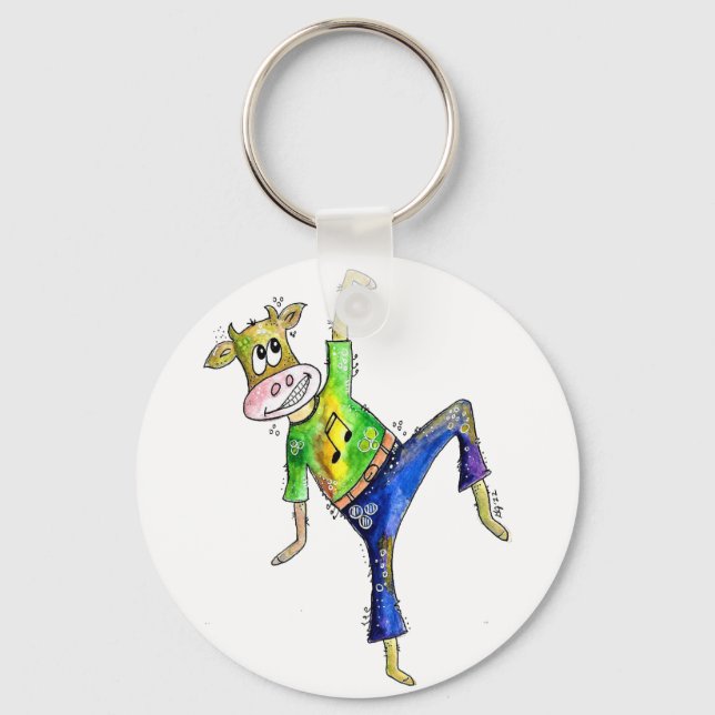 Cute Whimsical Dancing Cow Key Ring (Front)