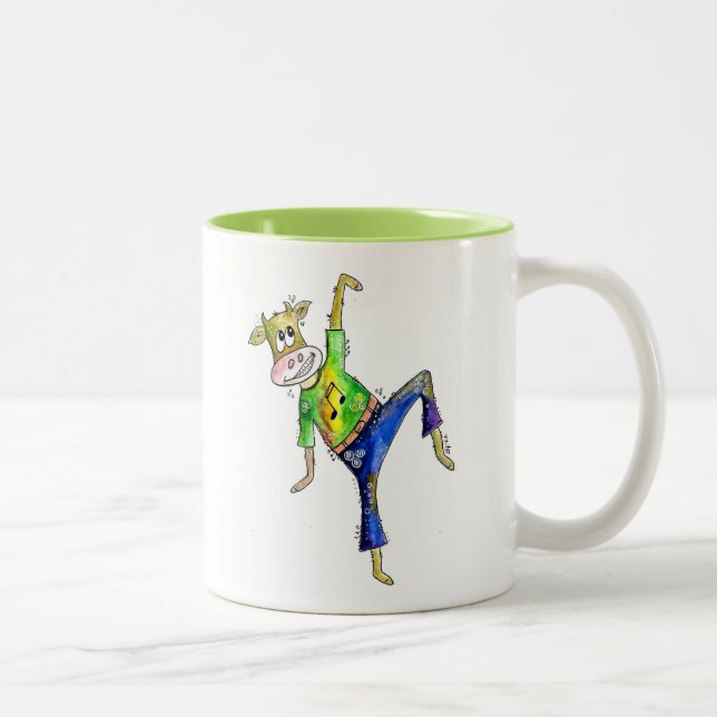 Cute Whimsical Dancing Cow Two-Tone Coffee Mug (Right)