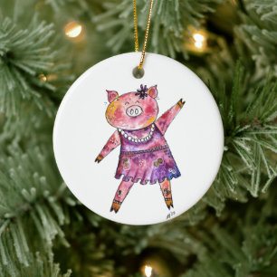 Cute Whimsical Dancing Pig Ceramic Tree Decoration