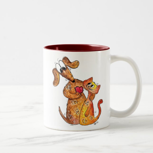 Cute Whimsical Dog and Cat Two-Tone Coffee Mug (Right)