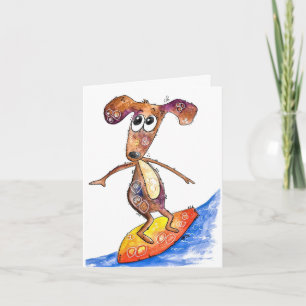 Cute Whimsical Dog on Surfboard Card
