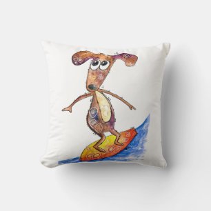 Cute Whimsical Dog on Surfboard Cushion