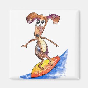 Cute Whimsical Dog on Surfboard Magnet