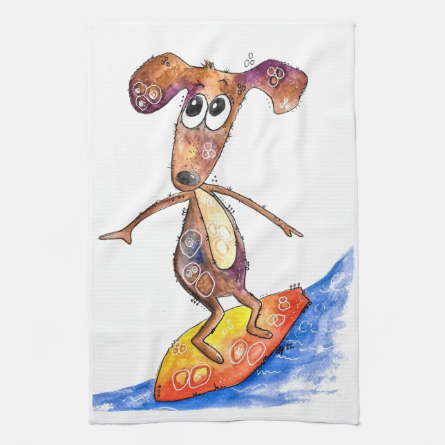 Cute Whimsical Dog on Surfboard Tea Towel (Vertical)