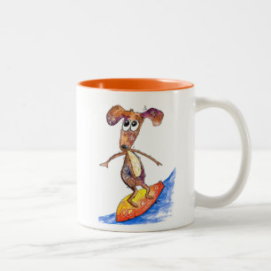 Cute Whimsical Dog on Surfboard Two-Tone Coffee Mug