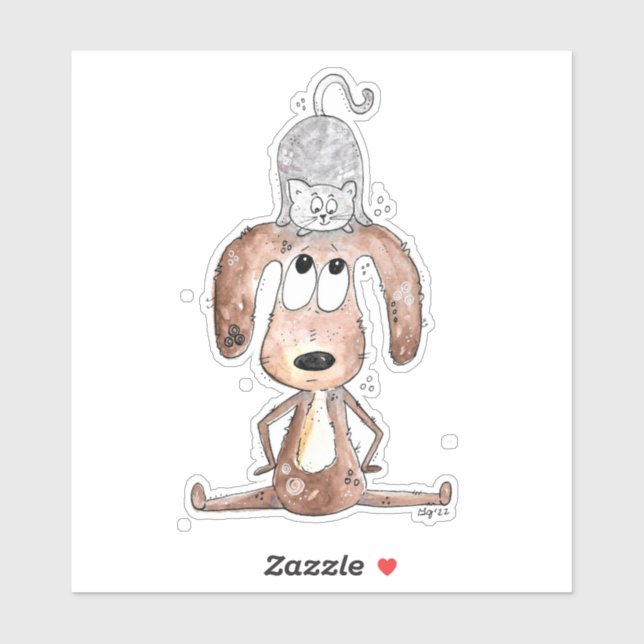 Cute Whimsical Dog with Cat on His Head (Sheet)