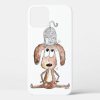 Cute Whimsical Dog with Cat on His Head