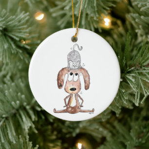 Cute Whimsical Dog with Cat on His Head Ceramic Tree Decoration
