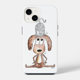 Cute Whimsical Dog with Cat on His Head iPhone 14 Case
