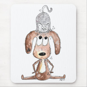 Cute Whimsical Dog with Cat on His Head Mouse Mat