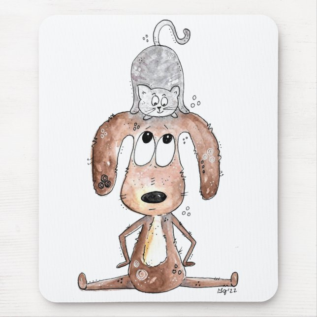 Cute Whimsical Dog with Cat on His Head Mouse Mat (Front)