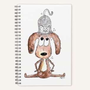 Cute Whimsical Dog with Cat on His Head Notebook