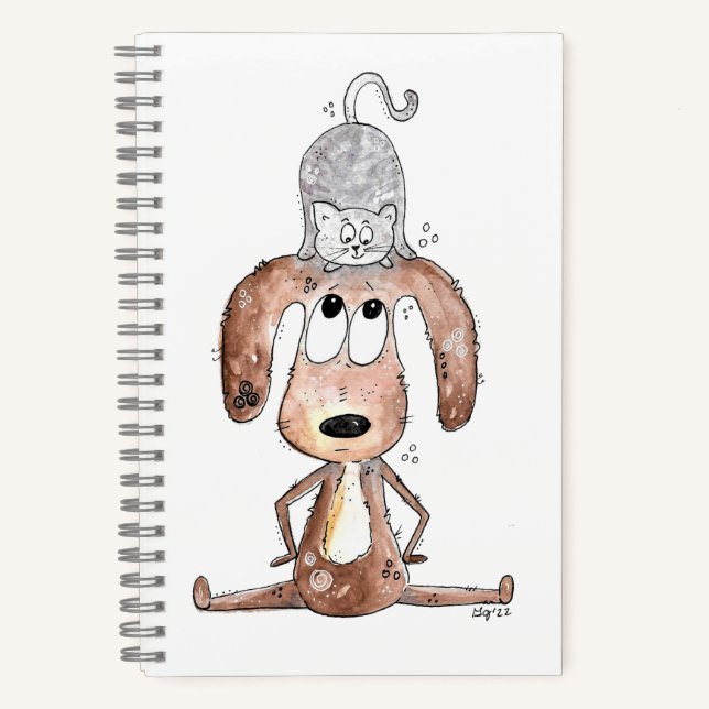 Cute Whimsical Dog with Cat on His Head Notebook (Front)