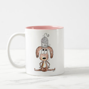 Cute Whimsical Dog with Cat on His Head Two-Tone Coffee Mug