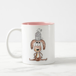 Cute Whimsical Dog with Cat on His Head Two-Tone Coffee Mug