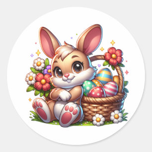 Cute Whimsical Easter Bunny with Basket Classic Round Sticker
