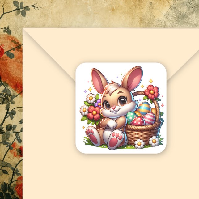 Cute Whimsical Easter Bunny with Basket Square Sticker (Creator Uploaded)