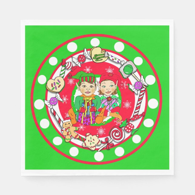 Cute Whimsical Elves Christmas Napkin (Front)
