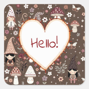 Cute Whimsical Fair Gnomes and Mushrooms Hello Square Sticker