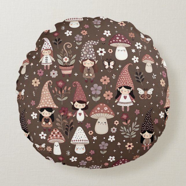 Cute Whimsical Fair Gnomes and Mushrooms  Round Cushion (Front)