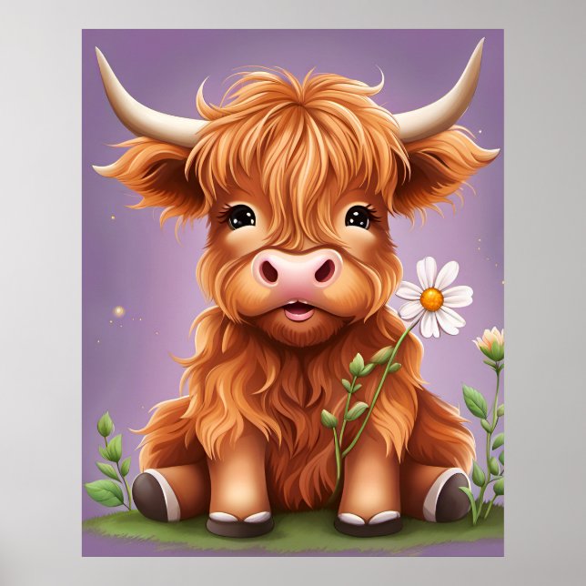 Cute Whimsical Fantasy Scottish Highland Cow AI  Poster (Front)