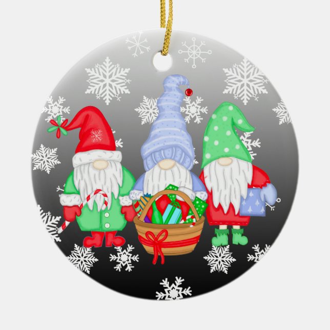 Cute whimsical Festive Christmas Gnomes Ceramic Tree Decoration (Front)