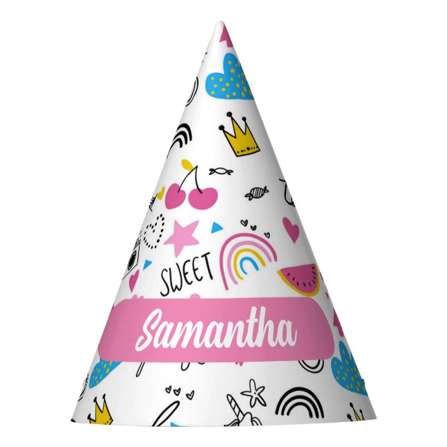Cute Whimsical First Name Unicorn Rainbow Pattern  Party Hat (Front)