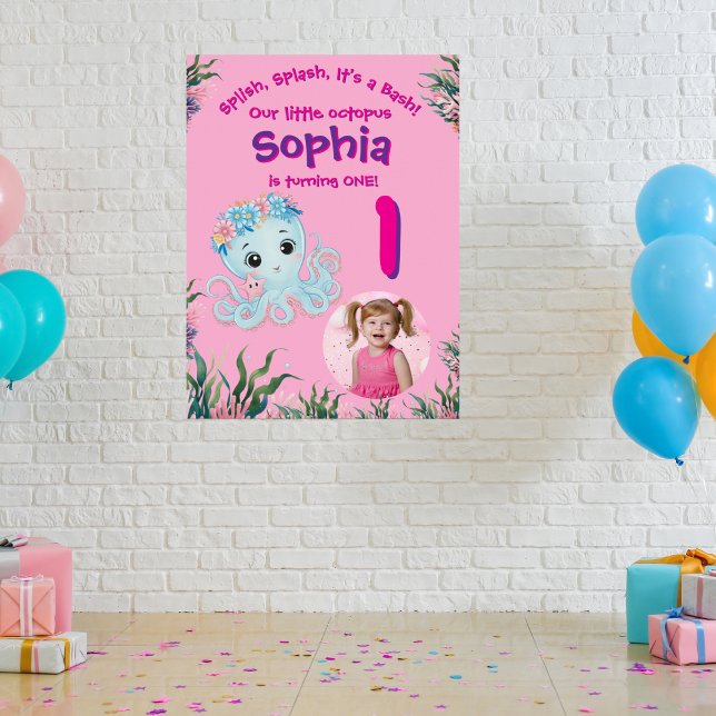 Cute Whimsical Floral Octopus Birthday Welcome  Poster (Creator Uploaded)