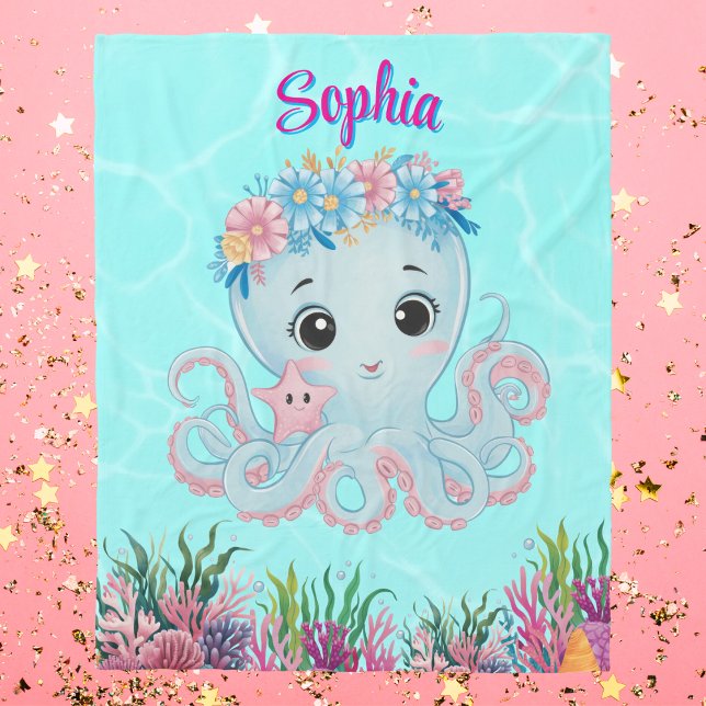 Cute Whimsical Floral Octopus Girly Birthday Gift Fleece Blanket (Creator Uploaded)