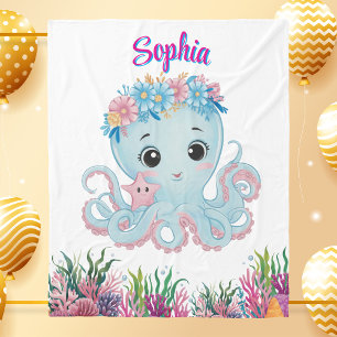 Cute Whimsical Floral Octopus Girly Birthday Gift Fleece Blanket