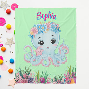 Cute Whimsical Floral Octopus Girly Birthday Gift Fleece Blanket