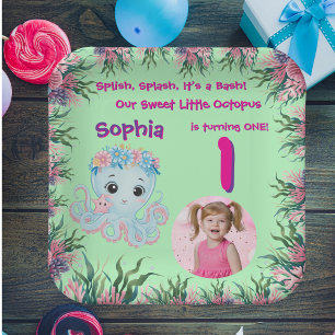 Cute Whimsical Floral Octopus Girly Birthday Paper Plate