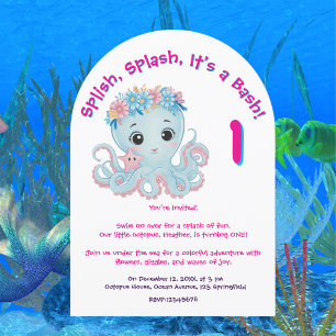 Cute Whimsical Floral Octopus Girly Kids Birthday  Invitation