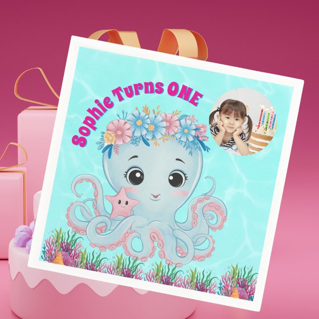 Cute Whimsical Floral Octopus Girly Photo Birthday Napkin (Creator Uploaded)