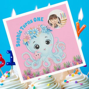 Cute Whimsical Floral Octopus Girly Photo Birthday Napkin